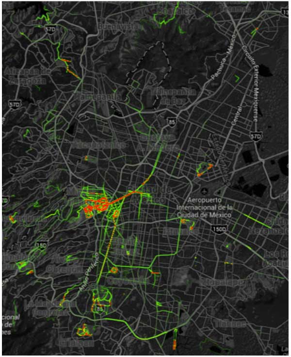 Nota: Sólo registra los usuarios de la app Strava. Misma escala del mapa anterior. Fuente: STRAVA LABS.